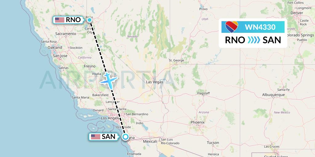 WN4330 Southwest Airlines Flight Map: Reno to San Diego