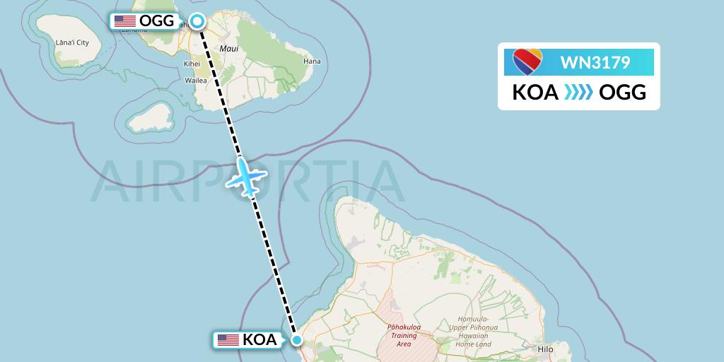 WN3179 Southwest Airlines Flight Map: Kailua-Kona to Kahului