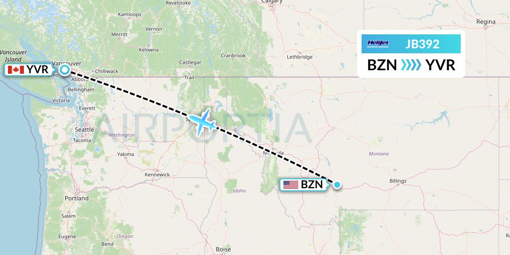 JB392 Helijet International Flight Map: Bozeman to Vancouver