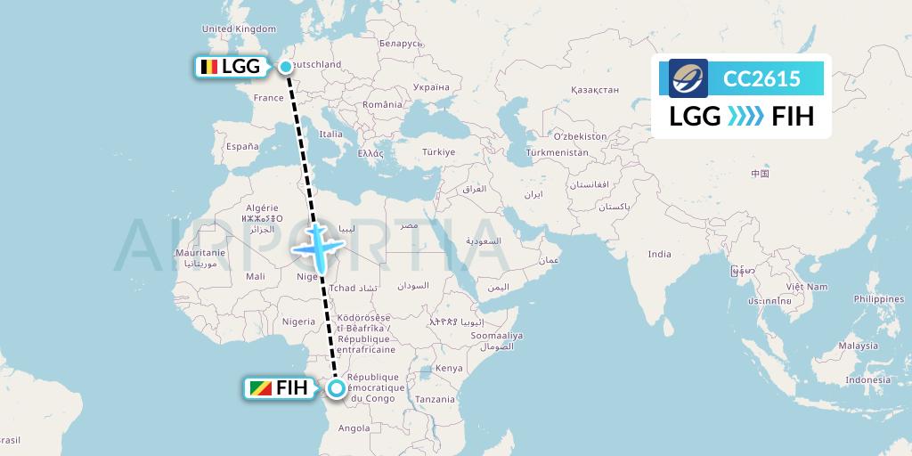 CC2615 CM Airlines Flight Map: Liege to Kinshasa