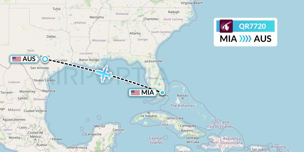 QR7720 Qatar Airways Flight Map: Miami to Austin