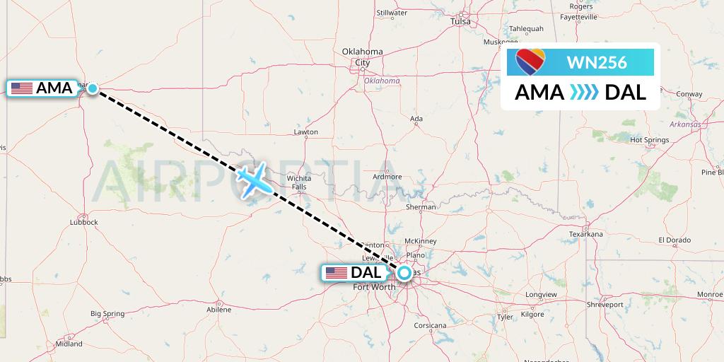 WN256 Southwest Airlines Flight Map: Amarillo to Dallas