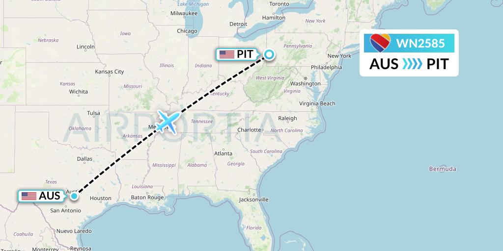 WN2585 Southwest Airlines Flight Map: Austin to Pittsburgh