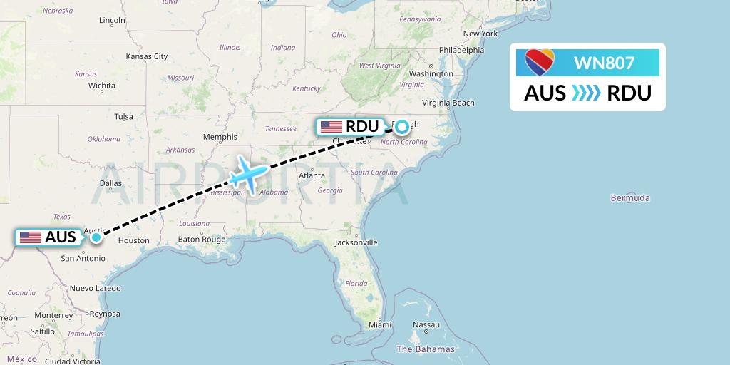WN807 Southwest Airlines Flight Map: Austin to Raleigh-Durham