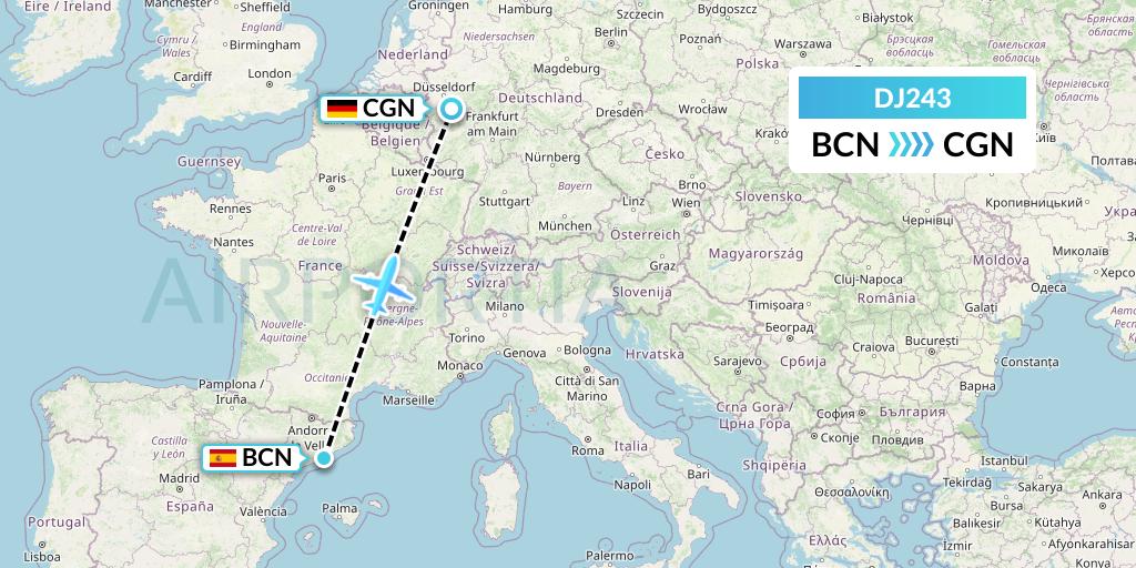 DJ243 Air Djibouti Flight Map: Barcelona to Cologne
