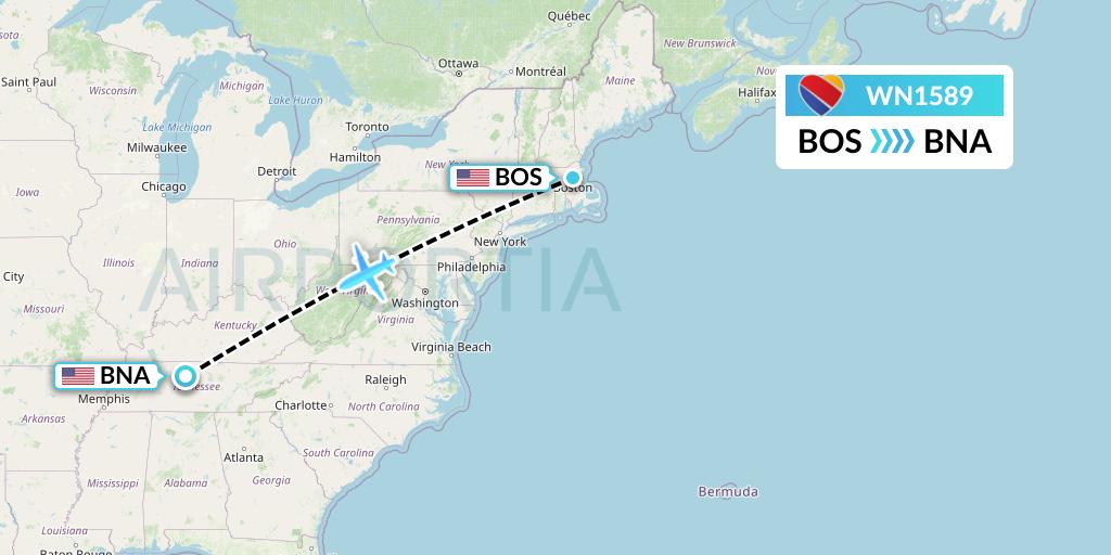 WN1589 Southwest Airlines Flight Map: Boston to Nashville