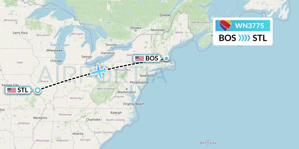 WN3775 Southwest Airlines Flight Map: Boston to St. Louis