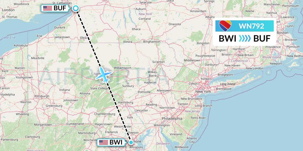 WN792 Southwest Airlines Flight Map: Baltimore to Buffalo