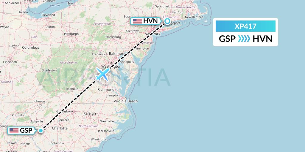 XP417 Avelo Airlines Flight Map: Greenville-Spartanburg to New Haven