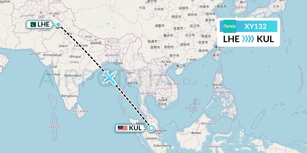 XY132 Flynas Flight Map: Lahore to Kuala Lumpur