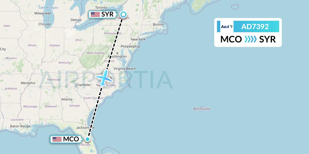 AD7392 Azul Brazilian Airlines Flight Map: Orlando to Syracuse