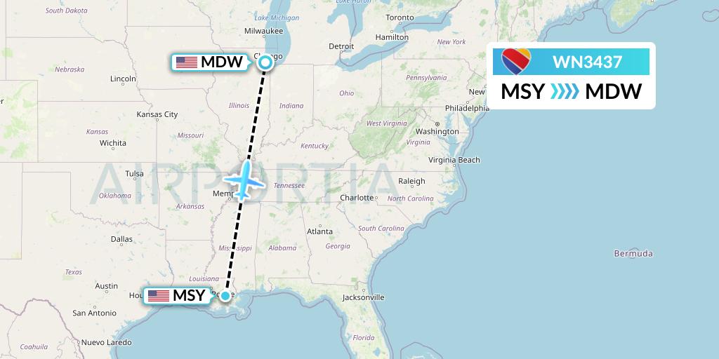 WN3437 Southwest Airlines Flight Map: New Orleans to Chicago