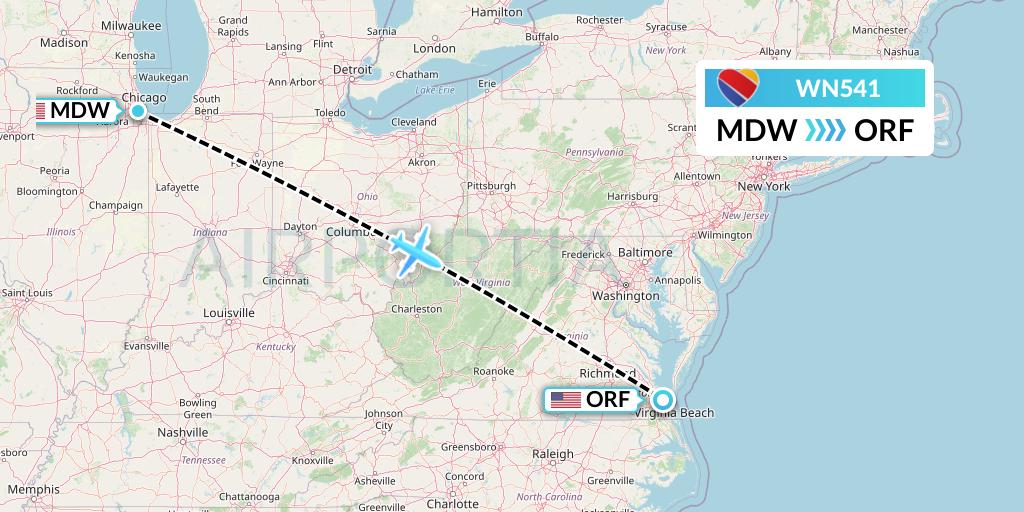 WN541 Southwest Airlines Flight Map: Chicago to Norfolk