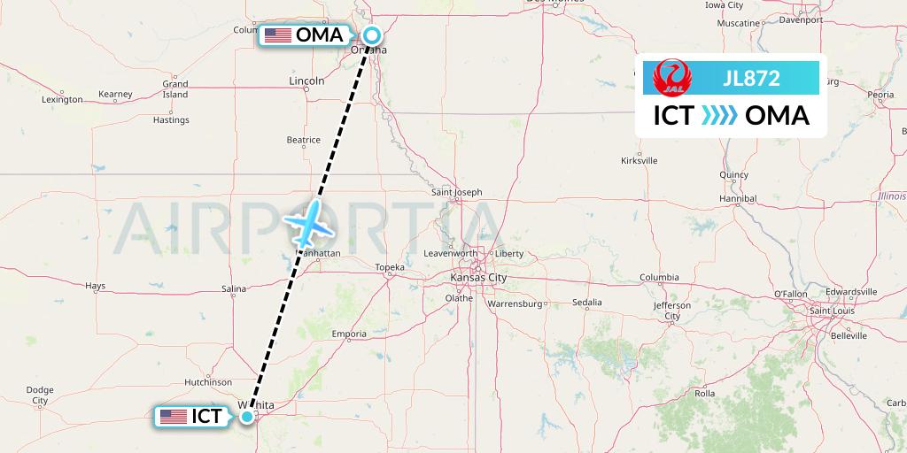 JL872 Japan Airlines Flight Map: Wichita to Omaha