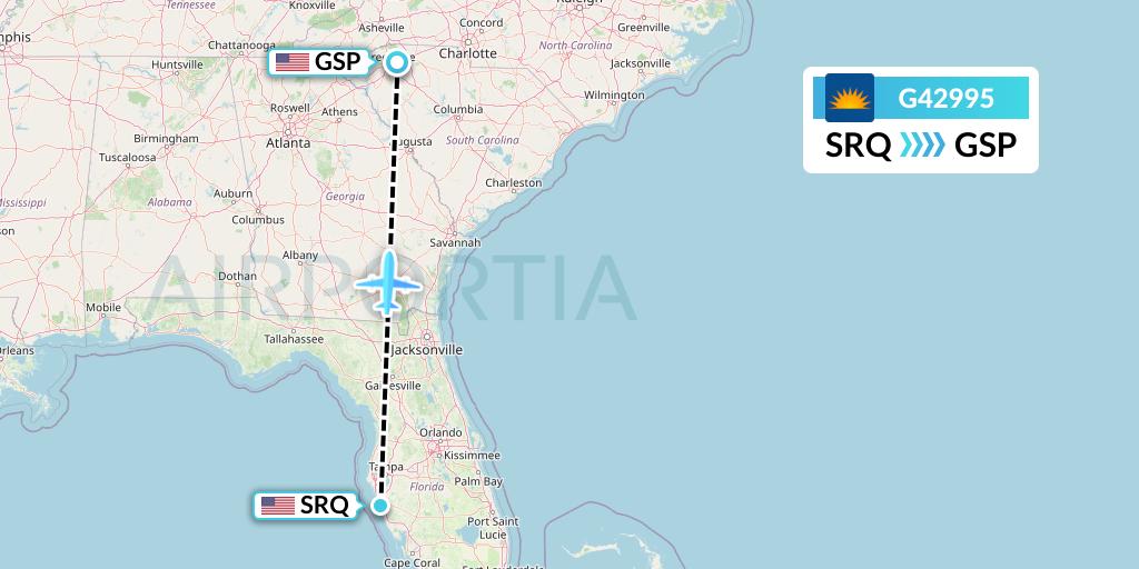 G42995 Allegiant Air Flight Map: Sarasota to Greenville-Spartanburg