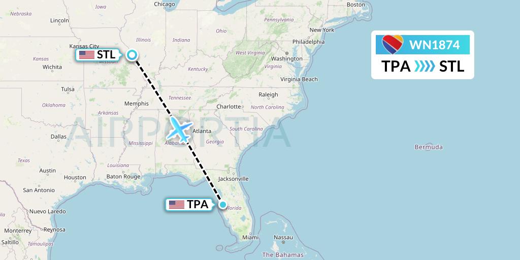 WN1874 Southwest Airlines Flight Map: Tampa to St. Louis