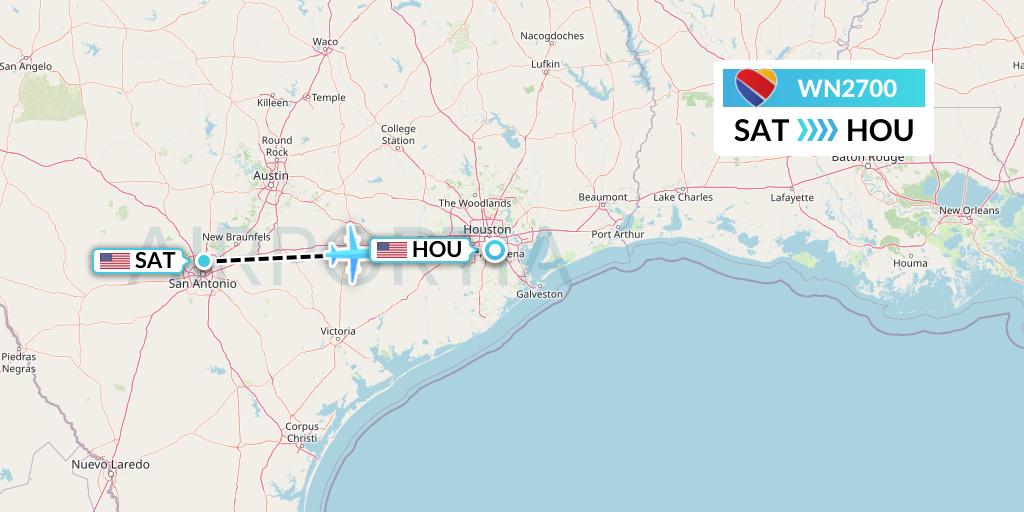 WN2700 Southwest Airlines Flight Map: San Antonio to Houston