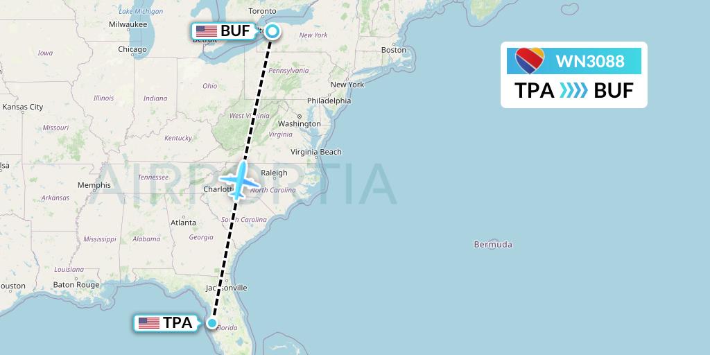 WN3088 Southwest Airlines Flight Map: Tampa to Buffalo