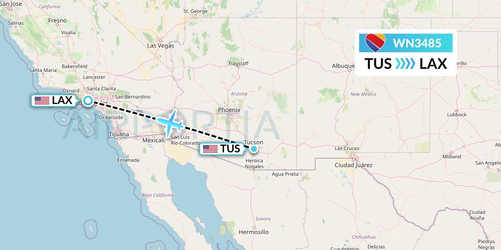 WN3485 Southwest Airlines Flight Map: Tucson to Los Angeles