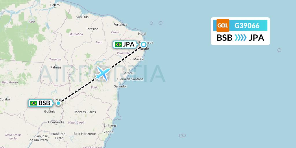 G39066 GOL Transportes Aeros Flight Map: Brasilia to Joao Pessoa