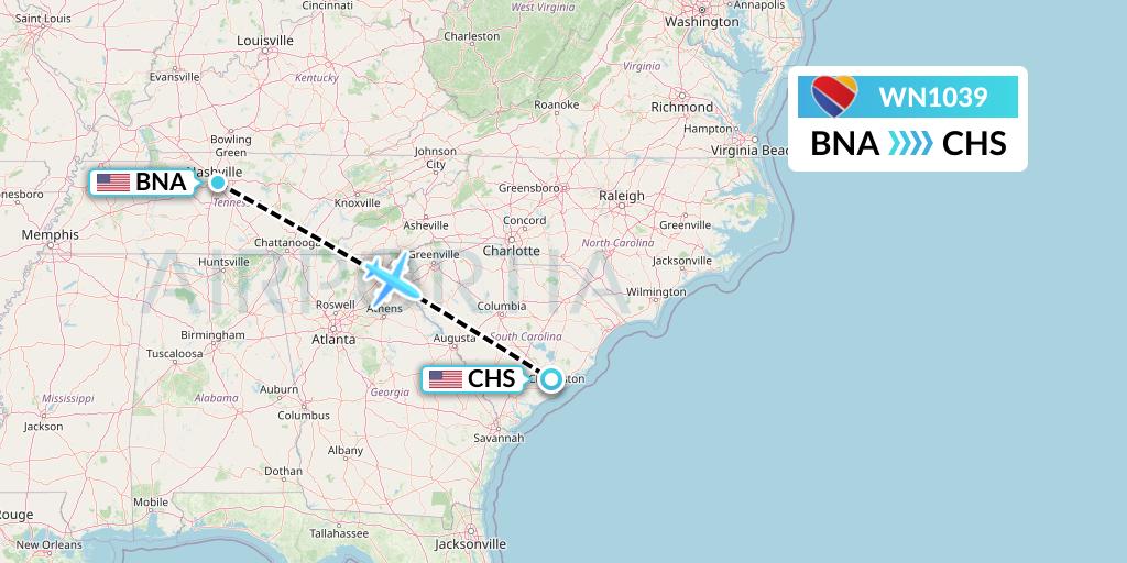 WN1039 Southwest Airlines Flight Map: Nashville to Charleston