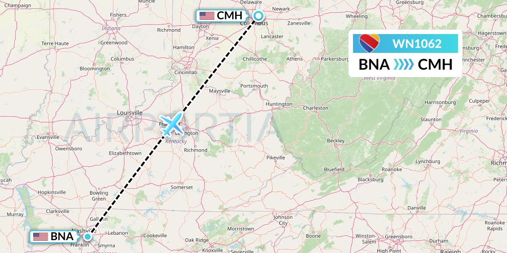 WN1062 Southwest Airlines Flight Map: Nashville to Columbus