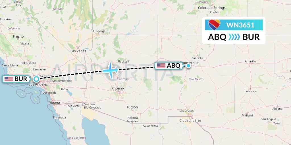 WN3651 Southwest Airlines Flight Map: Albuquerque to Burbank