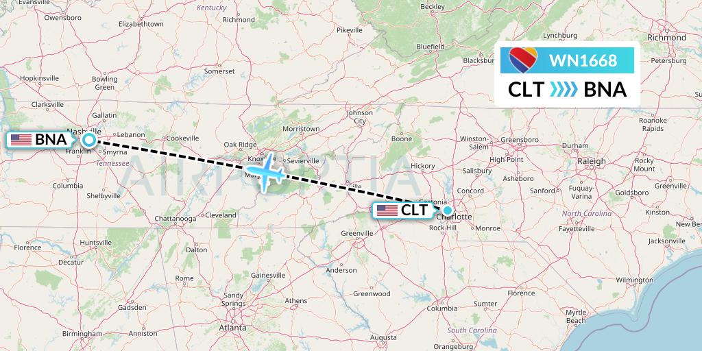 WN1668 Southwest Airlines Flight Map: Charlotte to Nashville