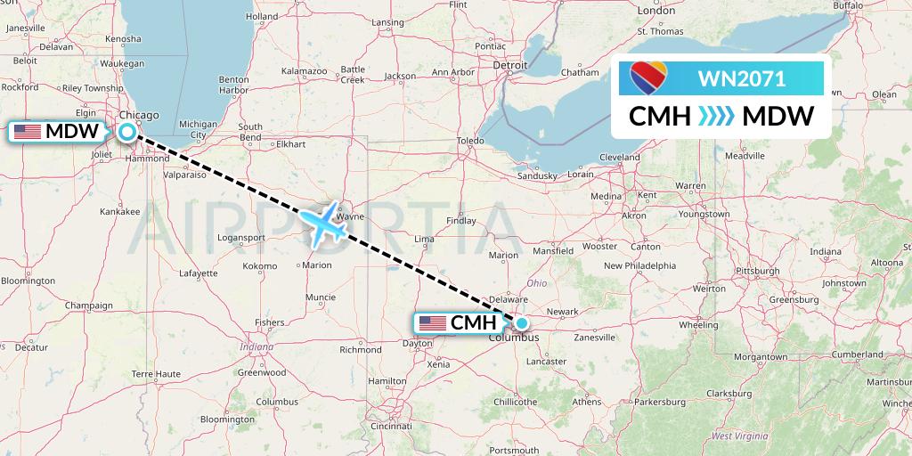 WN2071 Southwest Airlines Flight Map: Columbus to Chicago