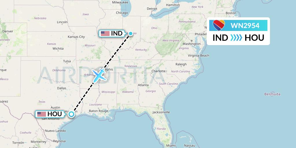 WN2954 Southwest Airlines Flight Map: Indianapolis to Houston