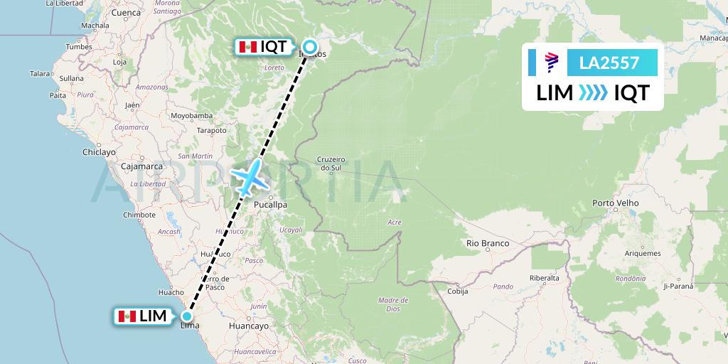 LA2557 LAN Airlines Flight Map: Lima to Iquitos