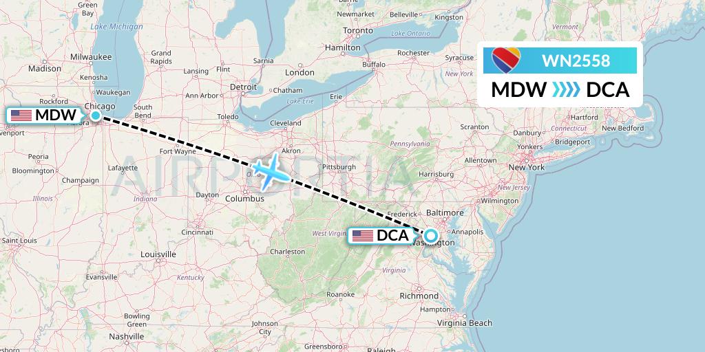 WN2558 Southwest Airlines Flight Map: Chicago to Washington