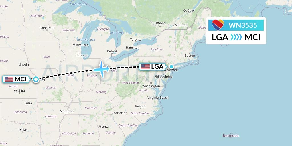 WN3535 Southwest Airlines Flight Map: New York to Kansas City