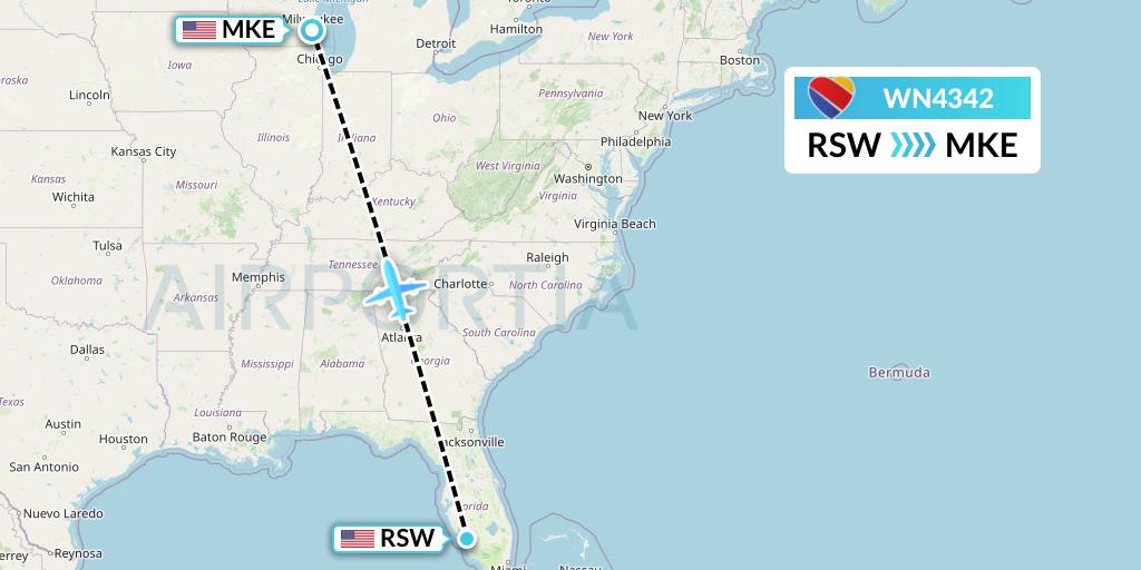 WN4342 Southwest Airlines Flight Map: Fort Myers to Milwaukee