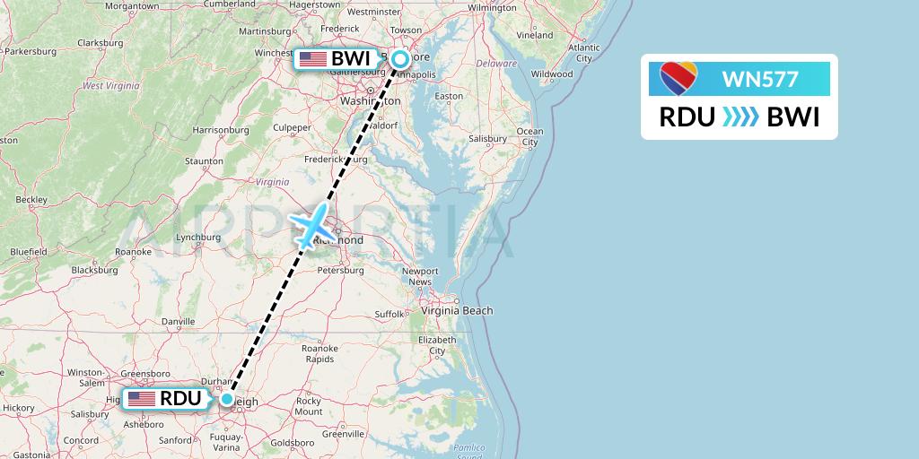 WN577 Southwest Airlines Flight Map: Raleigh-Durham to Baltimore