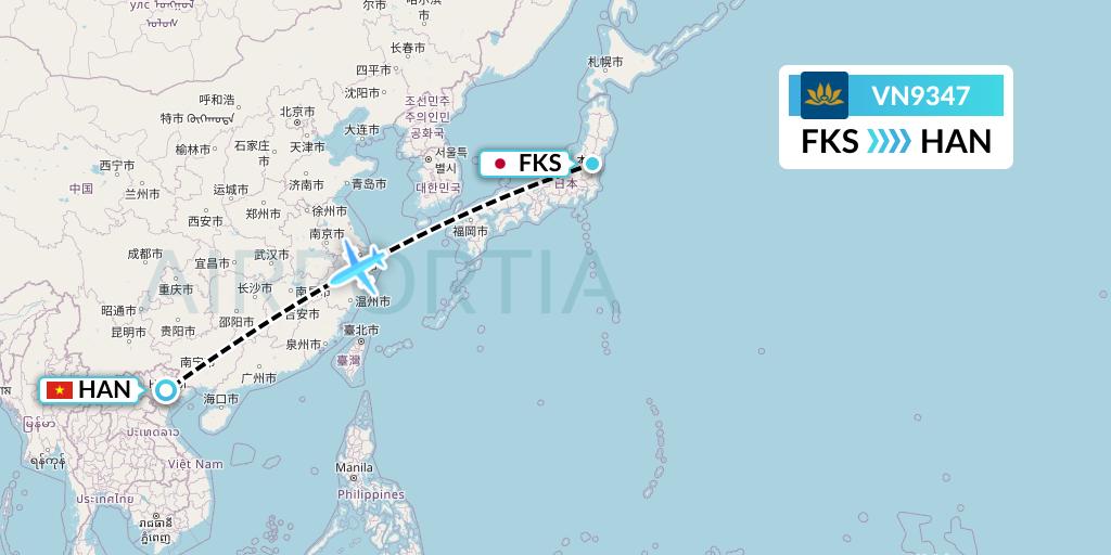 VN9347 Vietnam Airlines Flight Map: Sukagawa to Hanoi