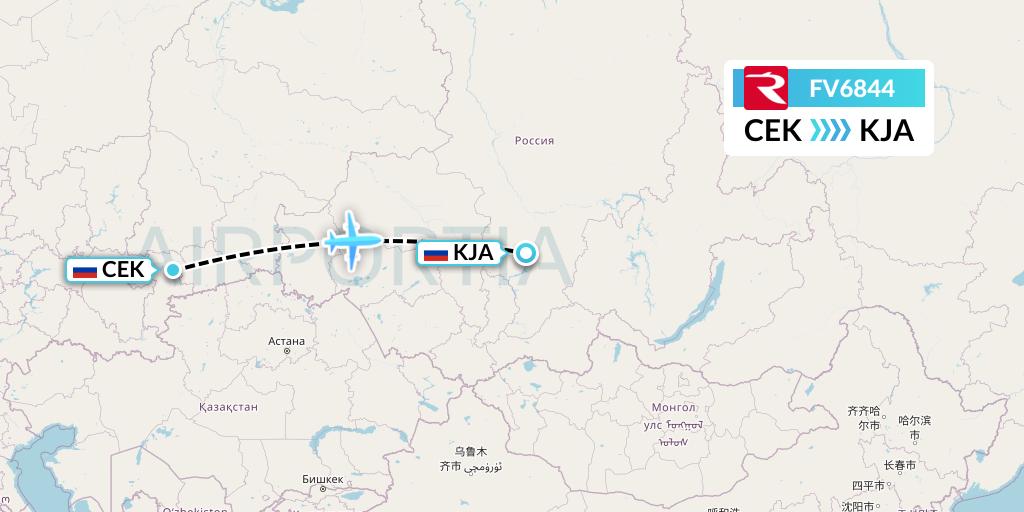 FV6844 Rossiya Flight Map: Chelyabinsk to Krasnoyarsk