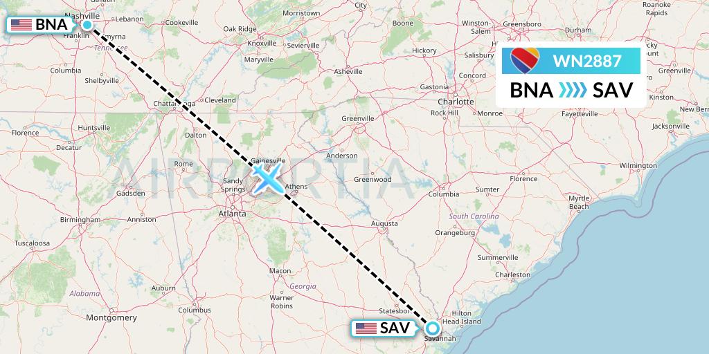 WN2887 Southwest Airlines Flight Map: Nashville to Savannah