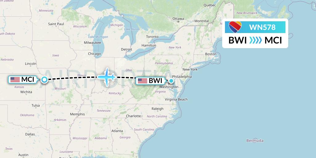 WN578 Southwest Airlines Flight Map: Baltimore to Kansas City