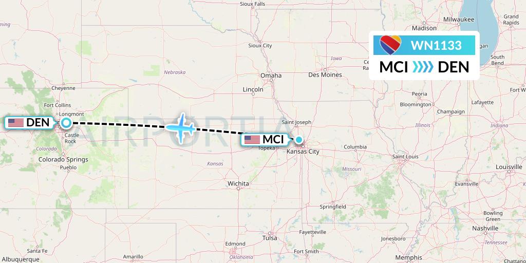WN1133 Southwest Airlines Flight Map: Kansas City to Denver