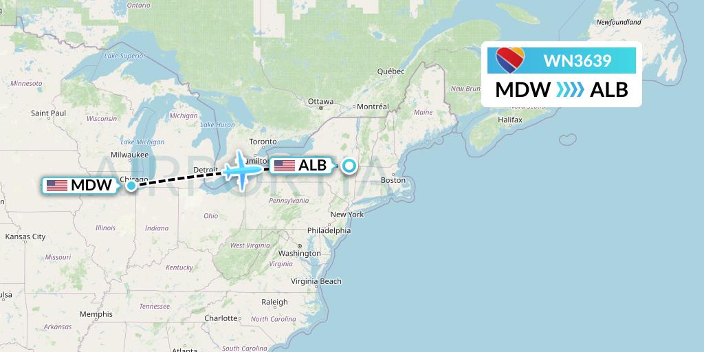 WN3639 Southwest Airlines Flight Map: Chicago to Albany