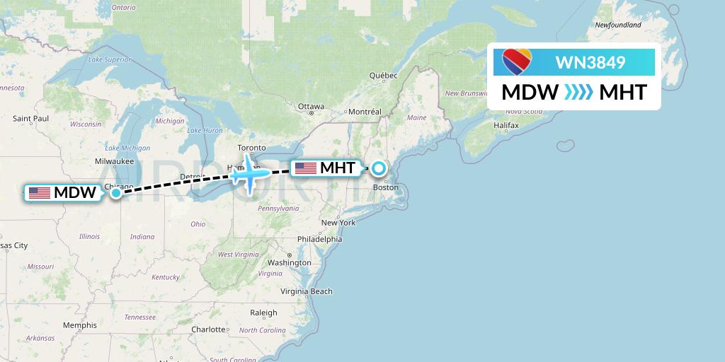 WN3849 Southwest Airlines Flight Map: Chicago to Manchester