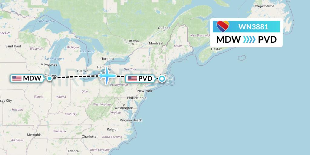 WN3881 Southwest Airlines Flight Map: Chicago to Providence