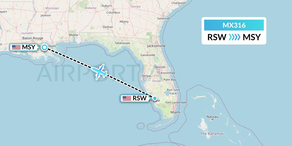 MX316 Breeze Airways Flight Map: Fort Myers to New Orleans
