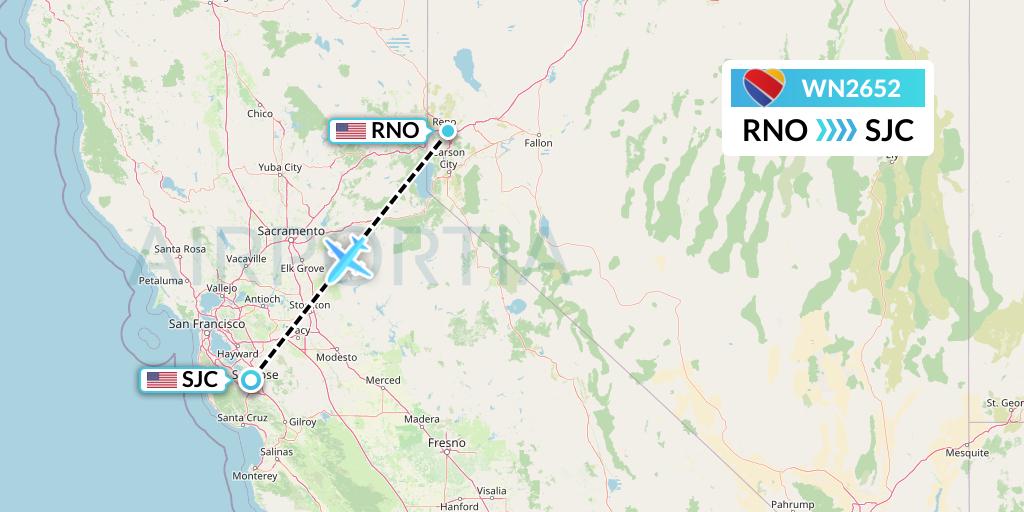 WN2652 Southwest Airlines Flight Map: Reno to San Jose