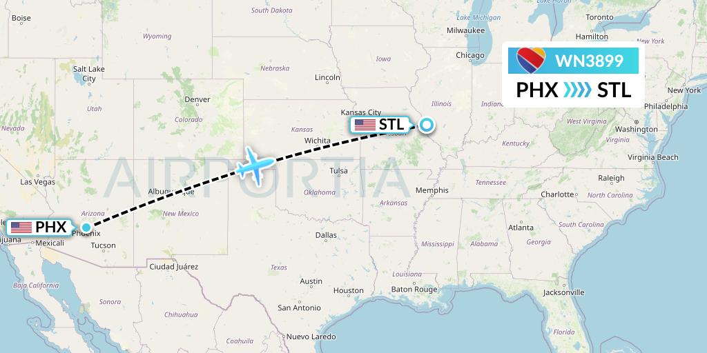 WN3899 Southwest Airlines Flight Map: Phoenix to St. Louis