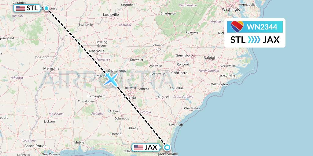 WN2344 Southwest Airlines Flight Map: St. Louis to Jacksonville