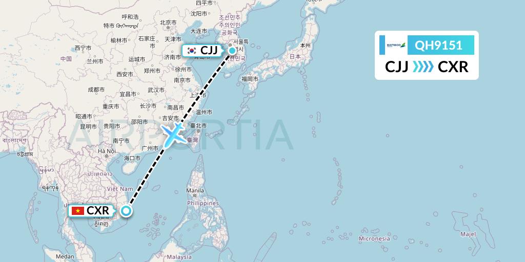 QH9151 Bamboo Airways Flight Map: Cheongju to Nha Trang