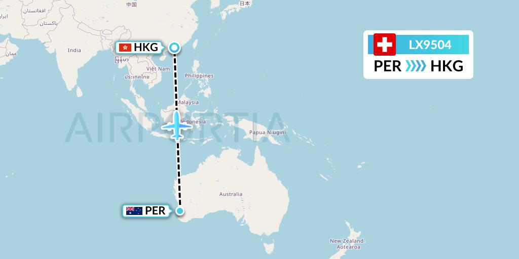 LX9504 Swiss Flight Map: Perth to Hong Kong