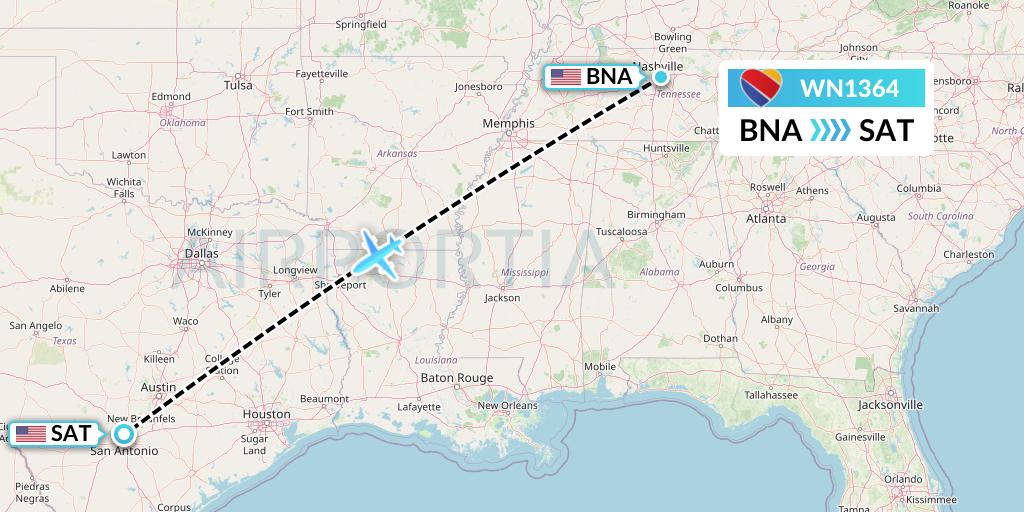 WN1364 Southwest Airlines Flight Map: Nashville to San Antonio